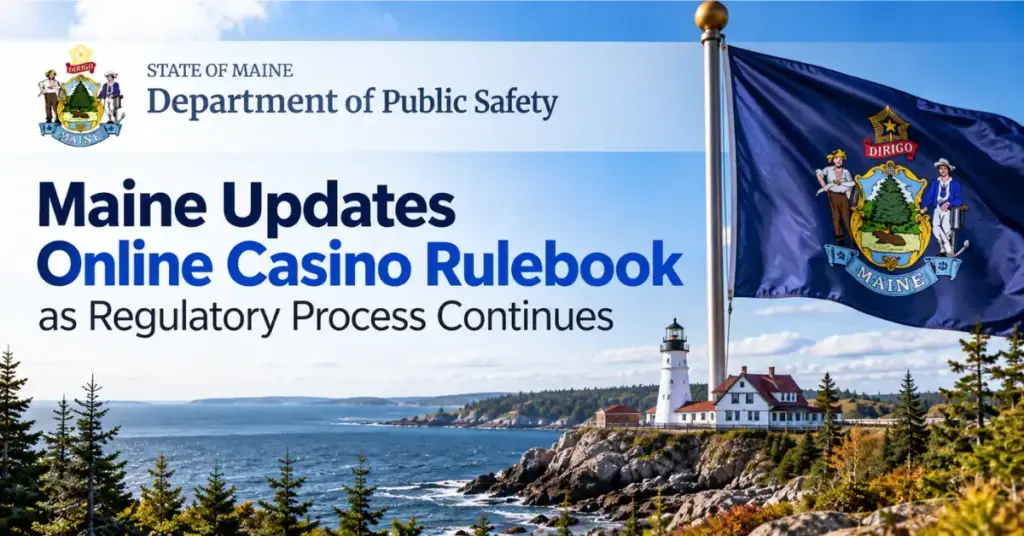 Maine coastline, lighthouse, and state flag illustrate updated online casino rules.