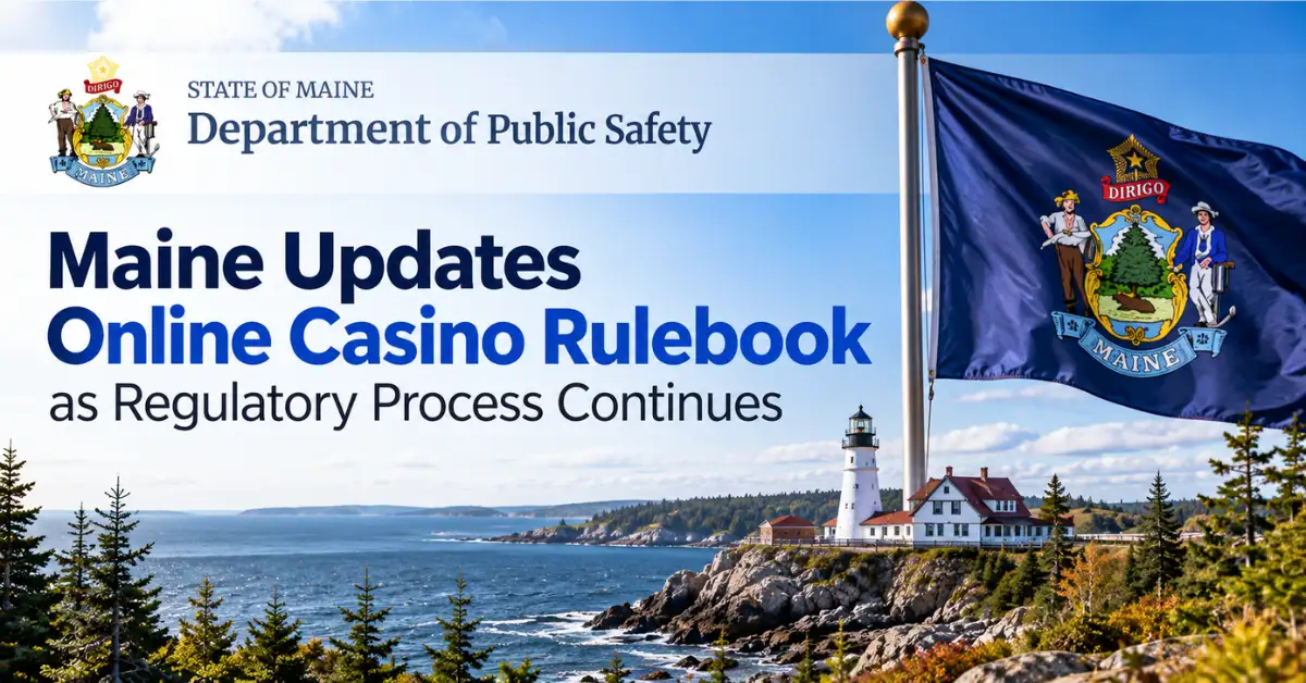 Maine coastline, lighthouse, and state flag illustrate updated online casino rules.