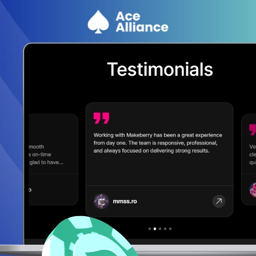 Laptop displaying partner testimonials on the Makeberry Affiliates website.