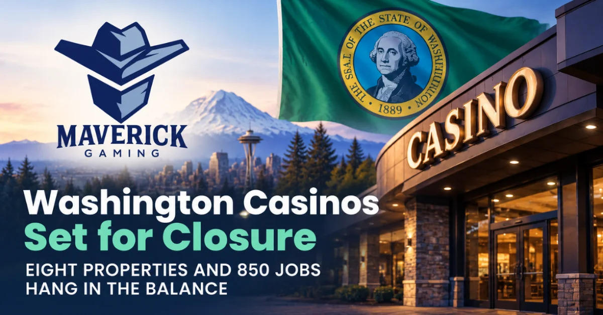 Maverick Gaming graphic showing Washington casinos facing closure with eight properties and 850 jobs at risk