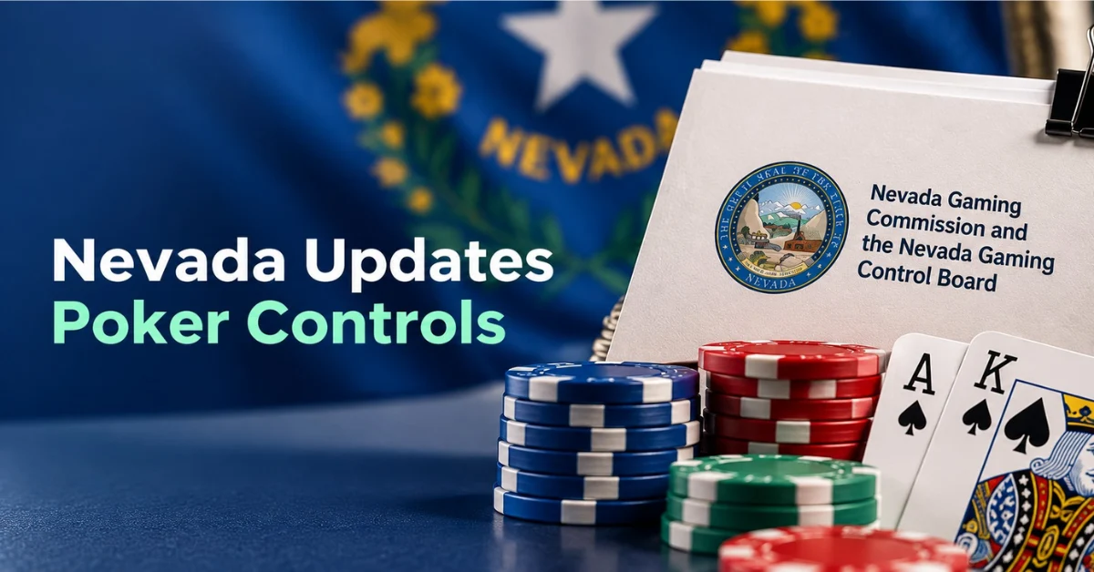 Nevada poker controls graphic featuring the Nevada Gaming Commission and Nevada Gaming Control Board, poker chips, playing cards and updated regulatory rules.