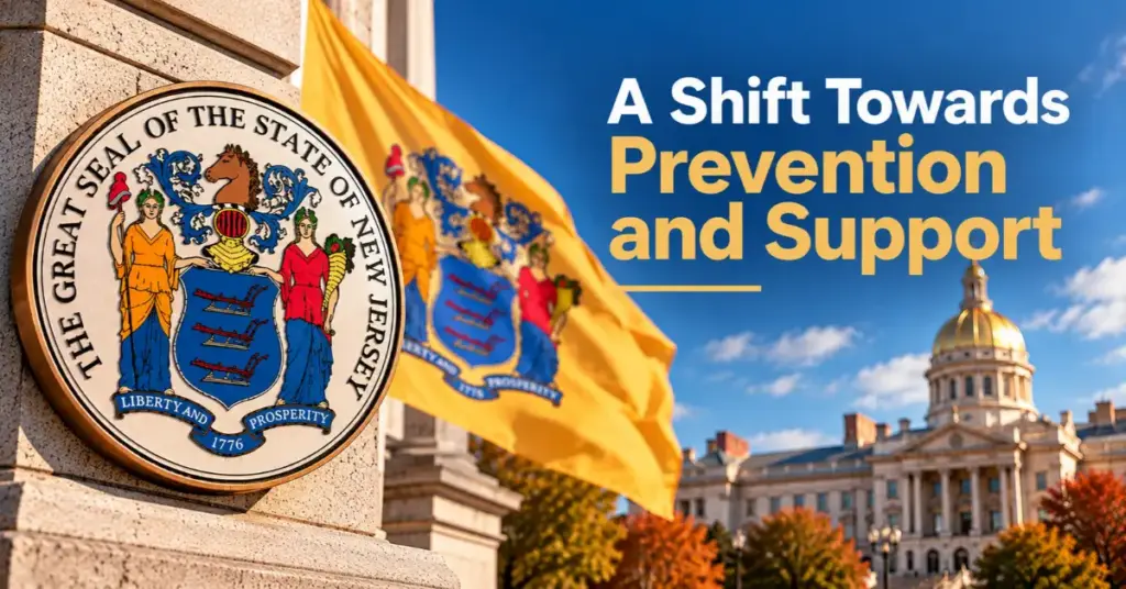 New Jersey Capitol and state seal illustrate proposed changes to underage gambling penalties.