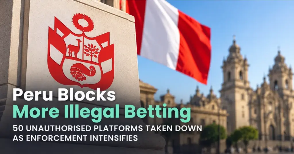 Peru’s national emblem and flag highlighting the country’s crackdown on illegal betting, with 50 unauthorised platforms blocked as enforcement intensifies.