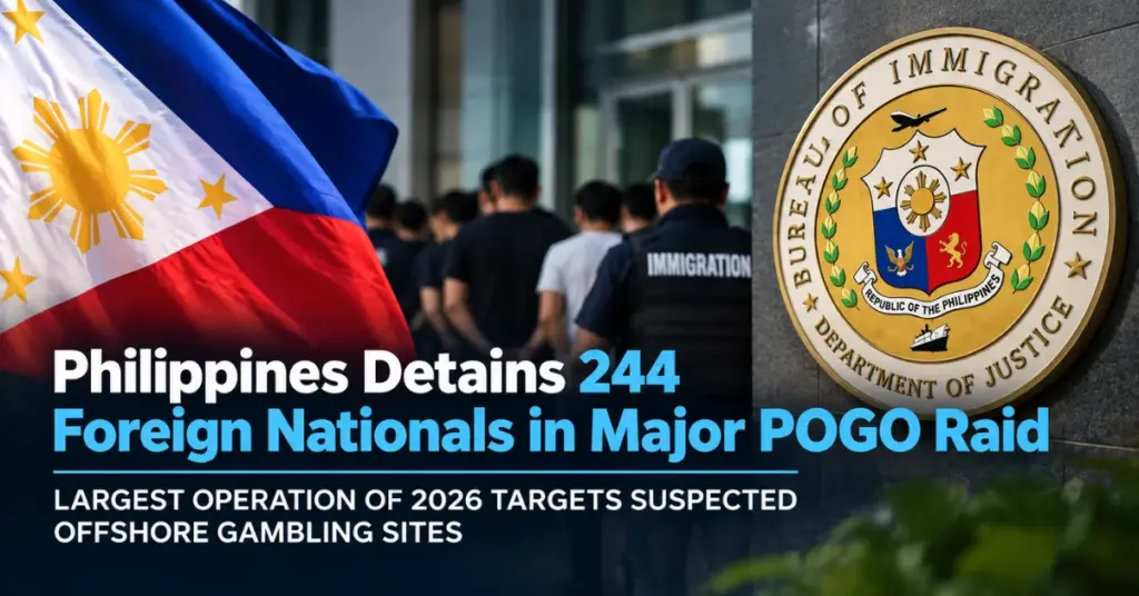 Philippine flag and Bureau of Immigration seal illustrating the detention of 244 foreign nationals in the country’s largest POGO raid of 2026.