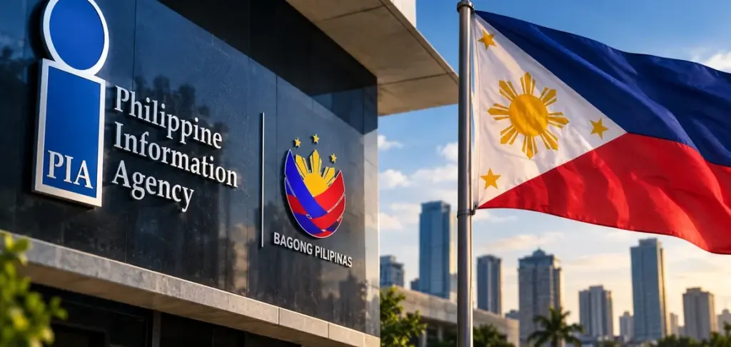 Philippine Information Agency building and national flag amid the crackdown on illegal POGO scam hubs.