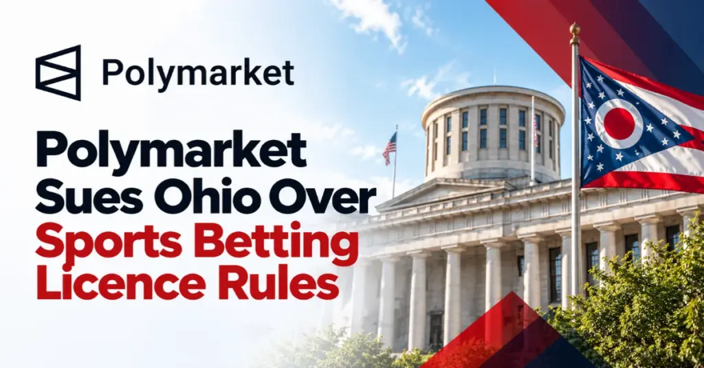 Polymarket challenges Ohio sports betting rules in federal court, with Ohio flag in background.