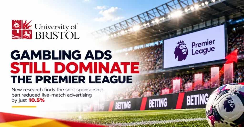Premier League stadium with betting ads and football highlighting Bristol's gambling research.