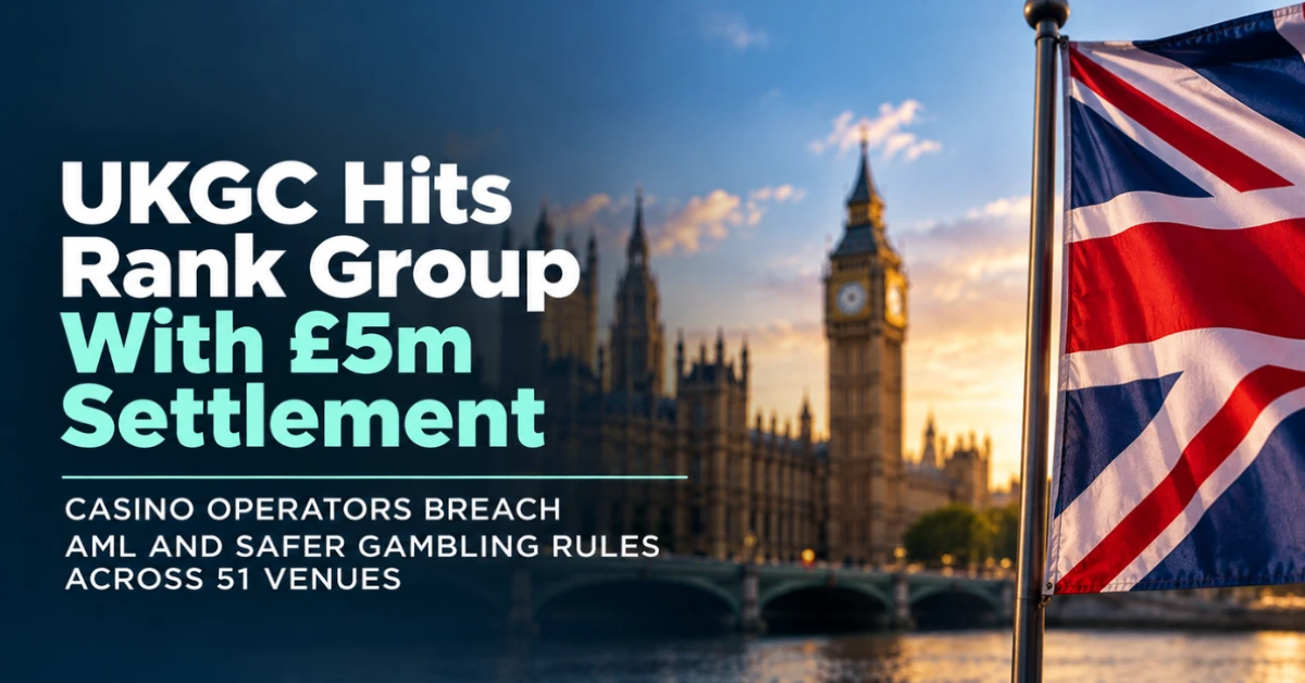 Union Jack and Westminster skyline illustrating Rank Group’s £5m UKGC settlement over AML and safer gambling failures across 51 casino venues.