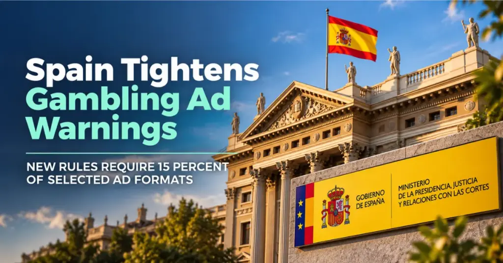 Spanish government building and national flag illustrating new gambling advertising rules requiring stronger warning displays across selected ad formats.