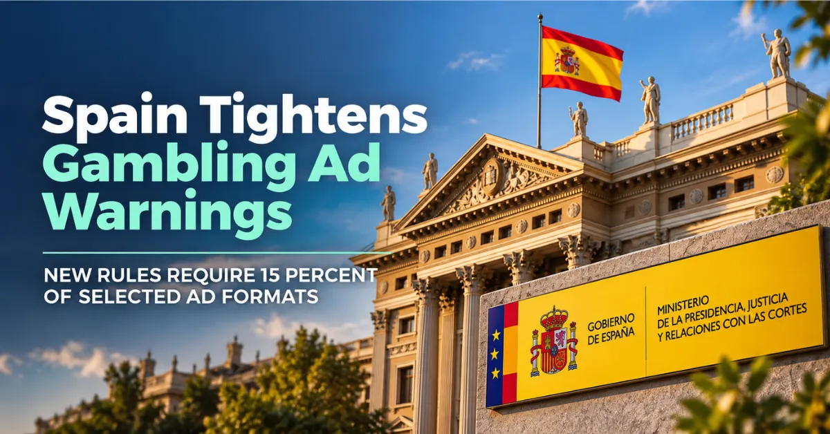 Spanish government building and national flag illustrating new gambling advertising rules requiring stronger warning displays across selected ad formats.