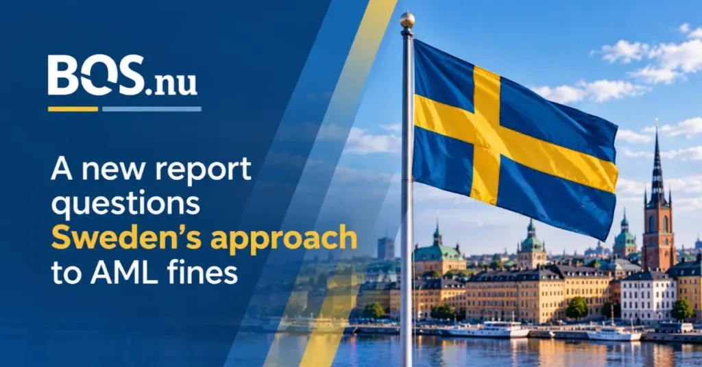 Swedish flag over Stockholm with BOS.nu report questioning gambling regulator AML sanctions.