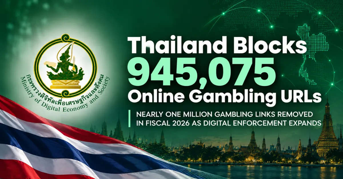 Thailand’s Ministry of Digital Economy and Society emblem, national flag and Bangkok skyline illustrating the removal of 945,075 online gambling URLs during fiscal 2026.