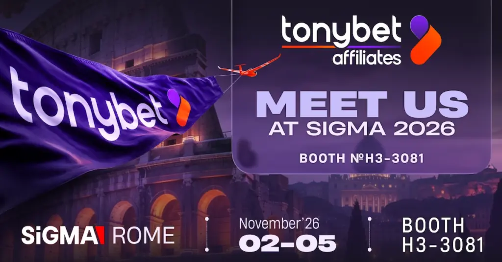 Purple Tonybet flag beside the Colosseum promoting SiGMA Rome 2026.