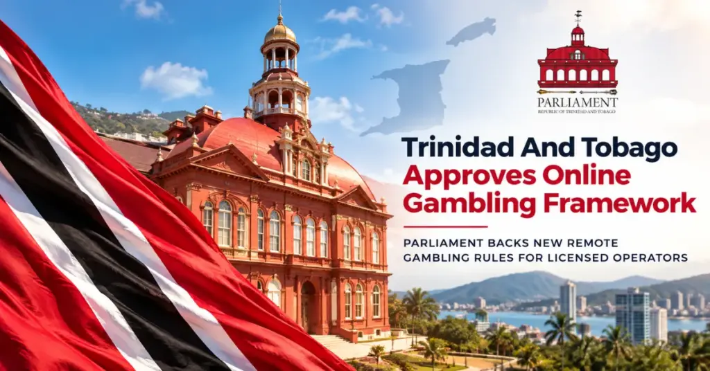 Trinidad and Tobago Parliament building and national flag illustrating the country’s approval of a new remote gambling framework for licensed online operators.