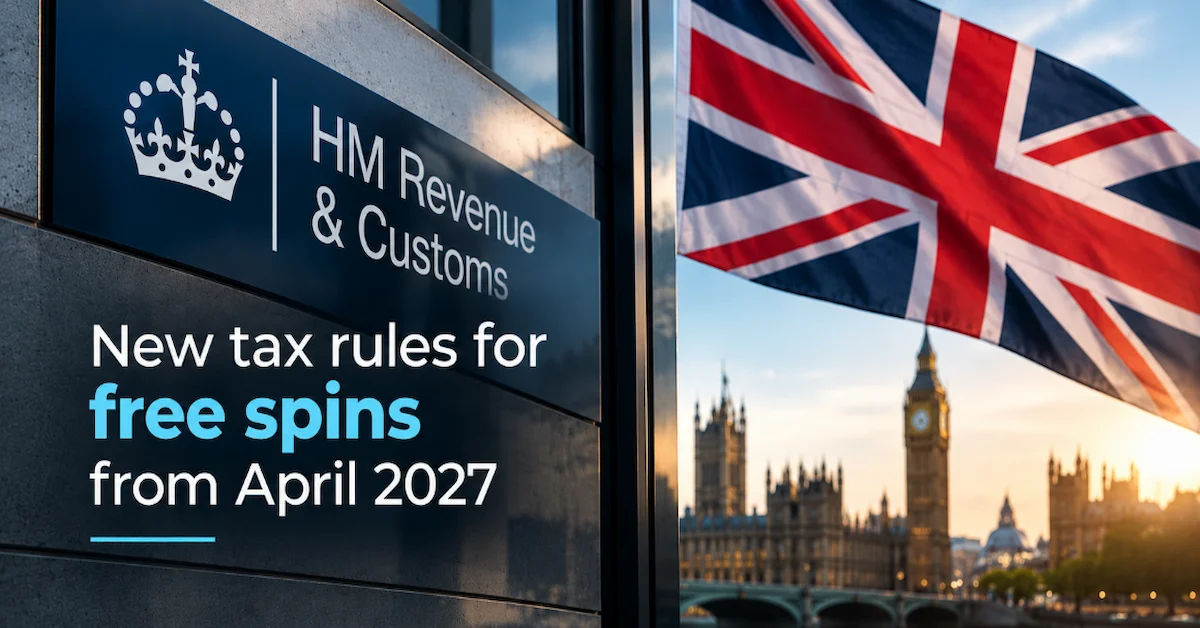 HM Revenue & Customs logo and UK flag highlighting new free spins tax rules from April 2027.