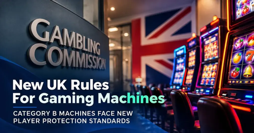 UK Gambling Commission signage alongside gaming machines highlighting new Category B player protection standards in the UK.