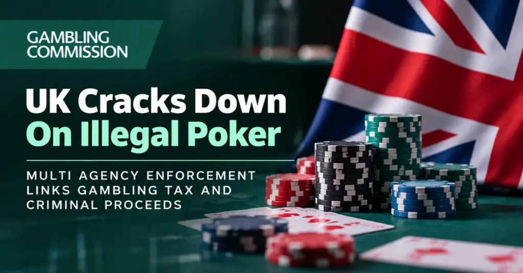 UK Gambling Commission branding with poker chips and playing cards against a Union Jack backdrop, illustrating a multi agency crackdown on illegal poker operations.