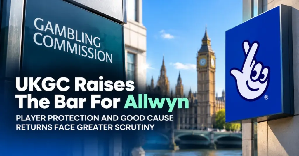 UK Gambling Commission signage and the National Lottery logo with Westminster in the background, illustrating increased regulatory scrutiny of Allwyn’s player protection and Good Cause returns.